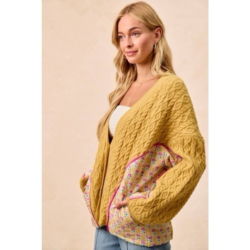 BIBI Cable Knit Floral Combo Cardigan Women's XL Yellow Mustard Quilted NWT - Picture 2 of 14